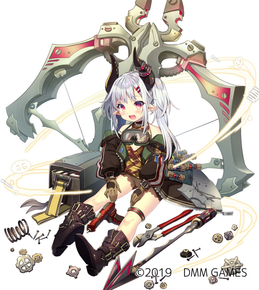 1girl 2019 animal_ear_legwear arrow_(projectile) black-framed_eyewear black_horns black_shorts black_socks boots breasts brown_coat brown_footwear brown_gloves brown_sleeves character_request cleavage coat collared_coat commentary_request copyright_name crossbow demon_horns drill eyelashes full_body gemini_seed gloves goggles goggles_around_neck hair_ornament hairclip hands_on_own_thighs high_collar highres horns huge_weapon light_blush long_hair long_sleeves looking_at_viewer machinery magic nail official_art onsen open_clothes open_coat open_mouth over-kneehighs pointy_ears puffy_long_sleeves puffy_sleeves short_shorts shorts simple_background sitting small_breasts smile socks solo thighhighs twintails usamata vial weapon white_background white_hair wrench