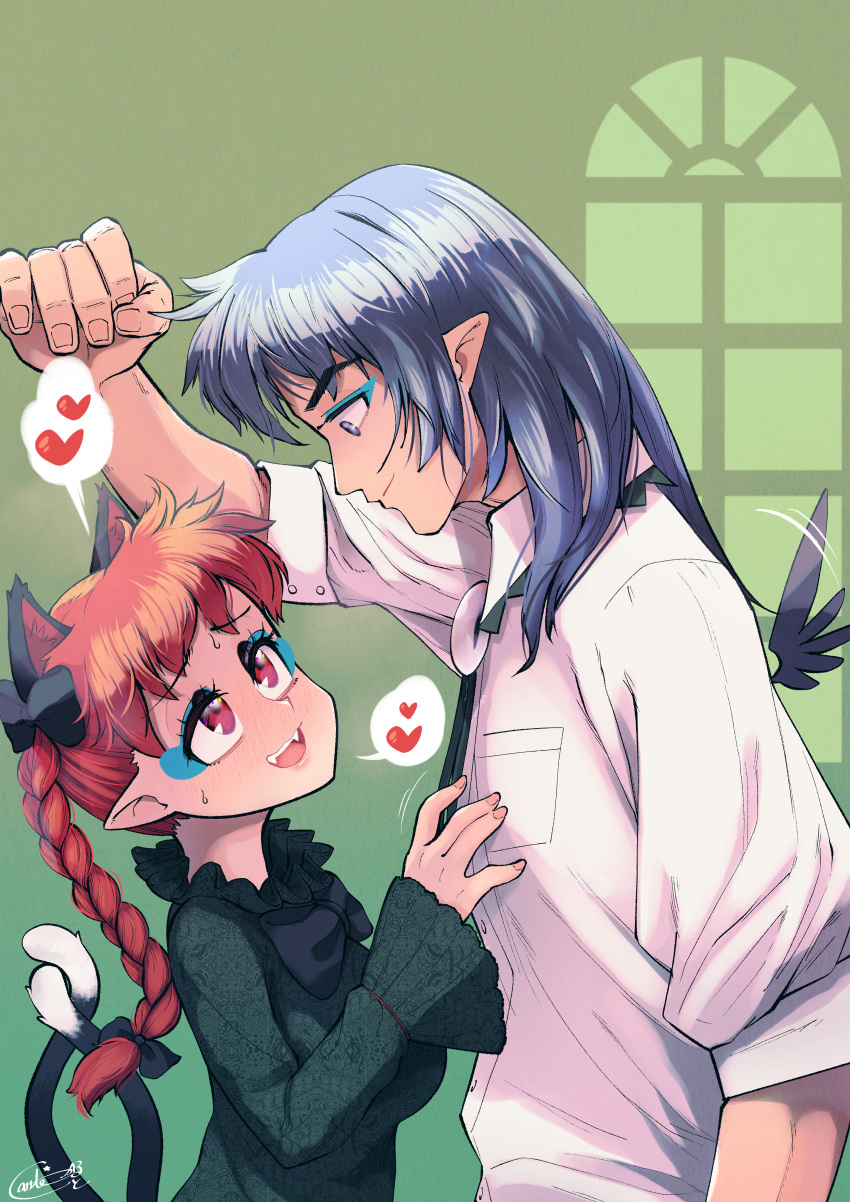 1boy 1girl \||/ absurdres animal_ears braid carte cat_ears cat_tail commentary_request commission commissioner_upload extra_ears flustered genderswap genderswap_(ftm) green_background heart height_difference hetero highres kaenbyou_rin multiple_tails pointy_ears reiuji_utsuho skeb_commission spoken_heart tail touhou twin_braids