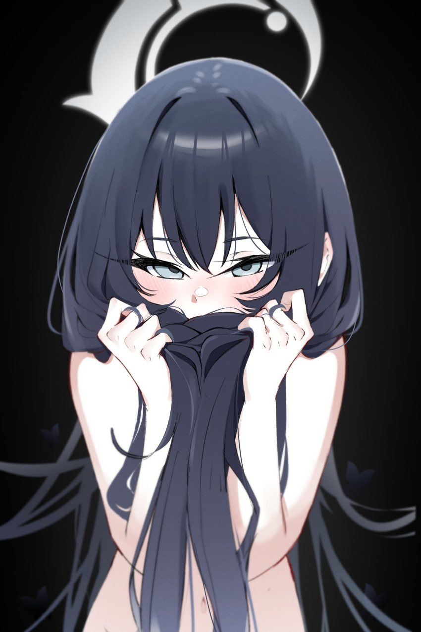 1girl alternate_hairstyle black_background black_butterfly black_hair blue_archive blush bug butterfly commentary completely_nude covering_own_mouth gen_(unzzenasd) grey_eyes hair_censor halo highres kisaki_(blue_archive) long_hair looking_at_viewer navel nude simple_background solo stomach symbol-only_commentary upper_body very_long_hair