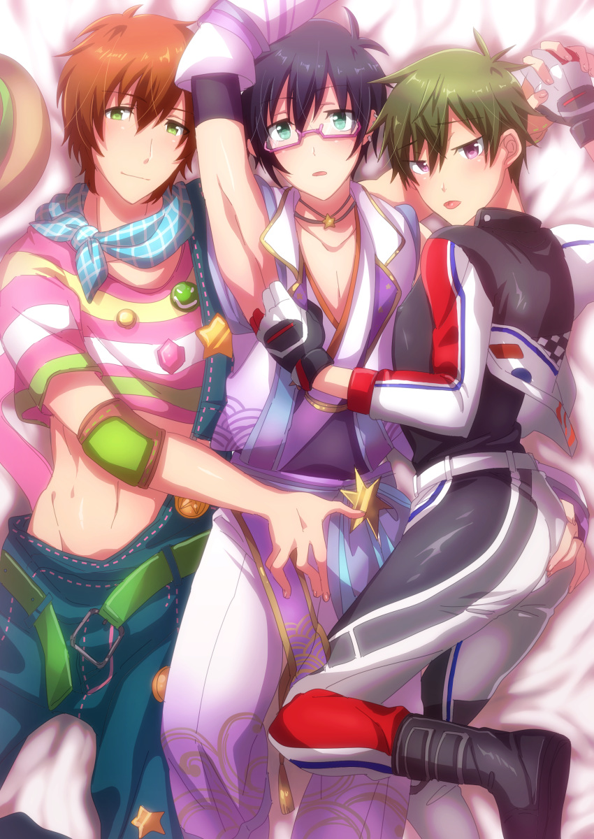 3boys absurdres akiyama_hayato alternate_costume arm_up armpits ass_grab bangs blush boater_hat boy_sandwich bunmare can_badge collarbone crop_top grabbing_another's_ass groping highres idolmaster idolmaster_side-m idolmaster_side-m_live_on_stage! iseya_shiki japanese_clothes looking_at_viewer male_focus multiple_boys navel overalls sandwiched seigaiha smile striped take_your_pick wakazato_haruna world_tre@sure_(idolmaster) yaoi