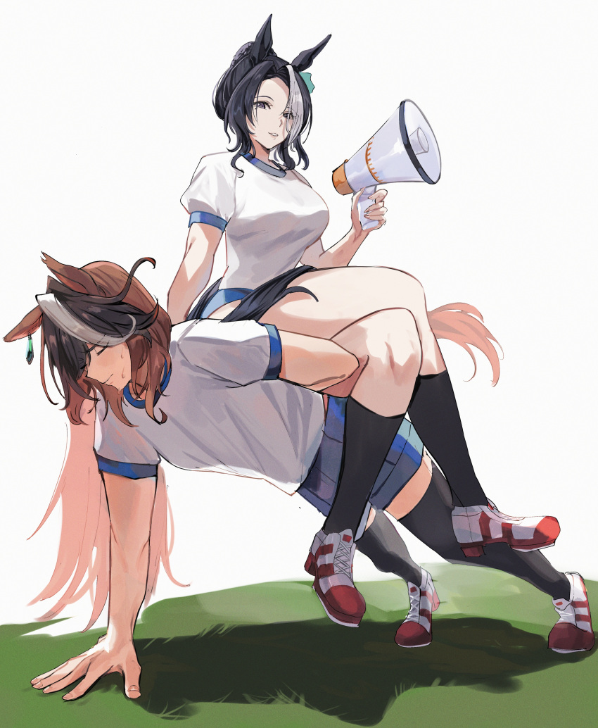 2girls absurdres animal_ears arm_behind_back black_hair black_socks black_thighhighs blue_shorts bojue_(hakus_1128) breasts brown_hair buruma closed_eyes closed_mouth commentary_request crossed_legs earrings exercising grass highres holding holding_megaphone horse_ears horse_girl horse_tail jewelry large_breasts lying megaphone mejiro_ramonu_(umamusume) multicolored_hair multiple_girls on_back on_grass purple_eyes push-ups see-through_silhouette shadow shirt shoes short_hair shorts simple_background single_earring sitting sitting_on_person sneakers socks streaked_hair strong sweat symboli_rudolf_(umamusume) tail thighhighs tracen_training_uniform umamusume white_background white_shirt