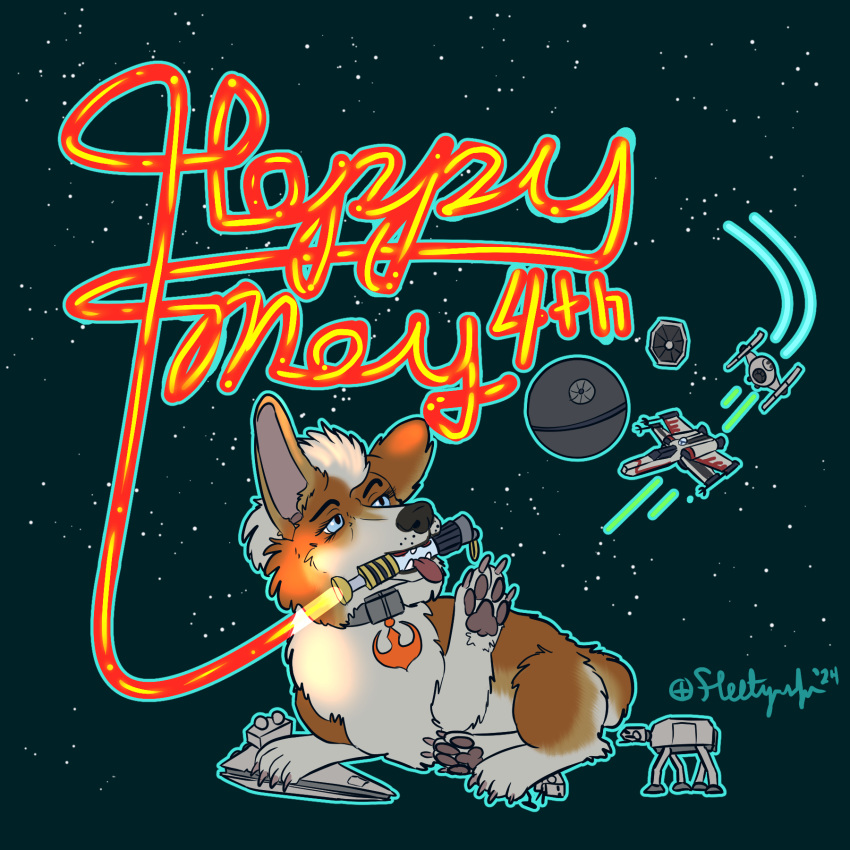 2024 canid canine canis death_star domestic_dog fleety_(artist) herding_dog hi_res invalid_tag lightsaber mammal may_4th may_the_4th melee_weapon mohawk pastoral_dog pembroke star_wars tie_fighter walker weapon welsh_corgi x-wing