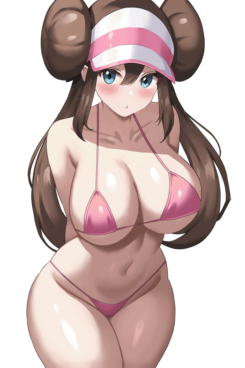 1girl alternate_breast_size alternate_costume animated animated_gif arms_behind_back bare_shoulders bikini blue_eyes blush breasts brown_hair cleavage collarbone commentary cowboy_shot double_bun groin hair_between_eyes hair_bun highres jasony large_breasts leaning_forward long_hair looking_at_viewer micro_bikini navel paid_reward_available parted_lips pink_bikini pokemon pokemon_bw2 rosa_(pokemon) sideboob simple_background smile solo standing stomach string_bikini swimsuit thick_thighs thighs twintails underboob v visor_cap