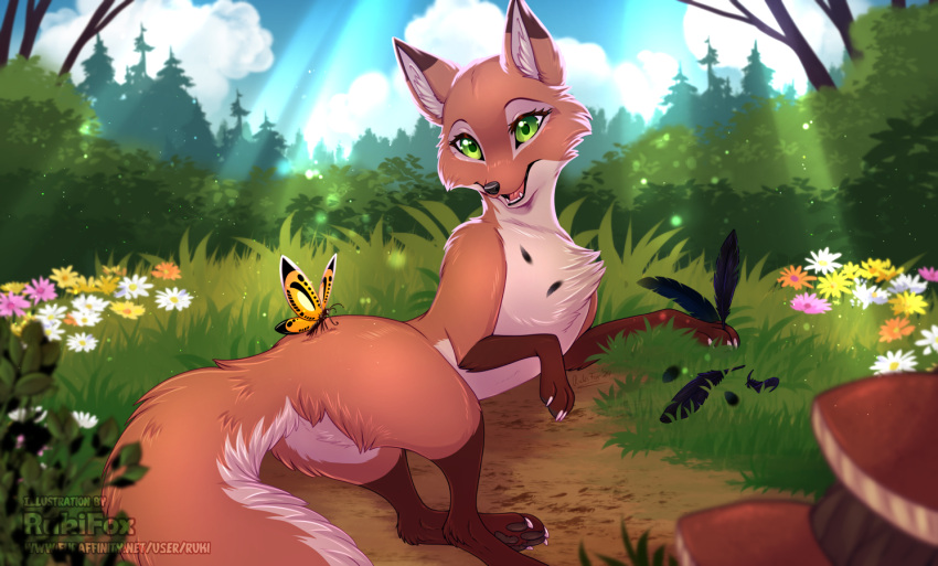 arthropod butterfly canid canine dipstick_ears ear_markings feral flower fox fur grass green_eyes insect keki_(rukifox) lepidopteran lying mammal multicolored_ears on_side orange_body orange_fur outside plant rukifox