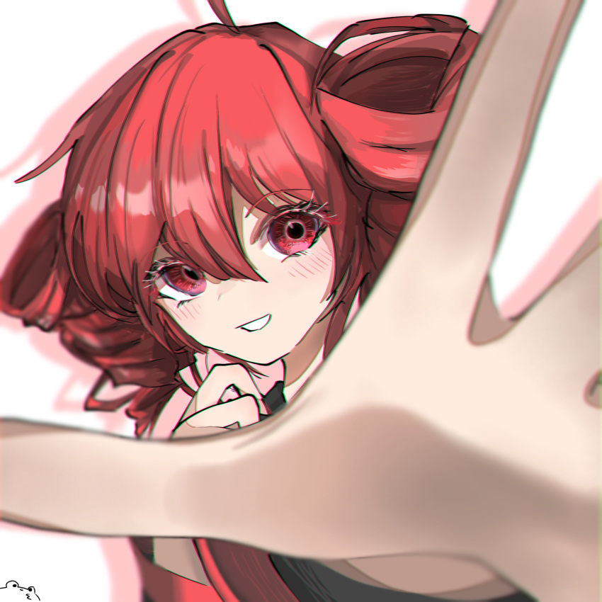 1girl black_sleeves blurry blurry_foreground chromatic_aberration commentary drill_hair eyelashes hand_up highres kaeru_(user_wasj7328) kasane_teto long_sleeves pink_trim reaching reaching_towards_viewer red_eyes red_hair simple_background smile solo twin_drills utau white_background