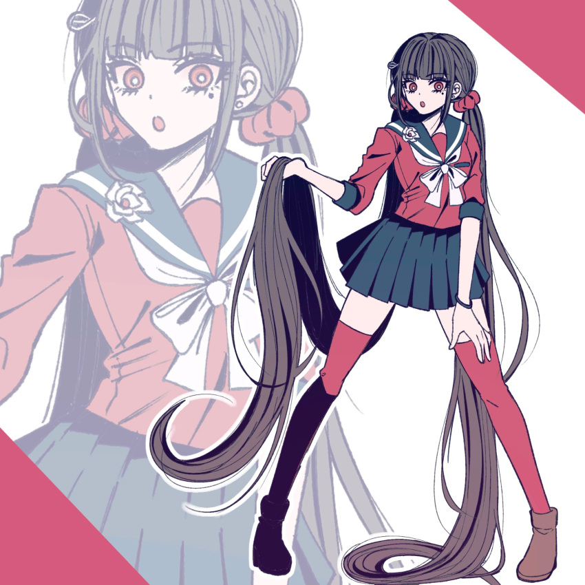 1girl black_sailor_collar blunt_bangs bow bowtie brown_hair danganronpa_(series) danganronpa_v3:_killing_harmony hair_ornament hair_scrunchie harukawa_maki highres jewelry long_hair long_sleeves looking_at_viewer low_twintails mole mole_under_eye multiple_views red_eyes red_scrunchie red_shirt red_thighhighs sailor_collar satori_(aosky9077) scrunchie shirt skirt thighhighs twintails white_bow white_bowtie zettai_ryouiki