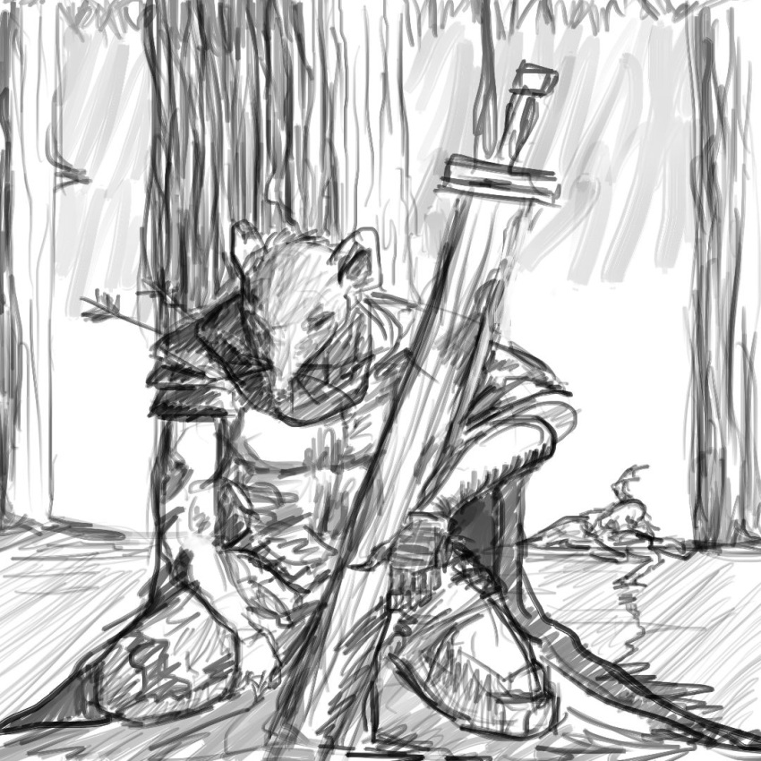 1:1 2024 5_fingers anthro arrow_(weapon) berserk_(series) black_and_white cape cavemanon_studios clothing cosplay crossover crossover_cosplay diego_lombardi fingers guts_(berserk) guts_(iwhtg) i_wani_hug_that_gator kneeling male mammal melee_weapon monochrome murid murine outside ranged_weapon rat rodent sketch_page solo sword weapon whiskers