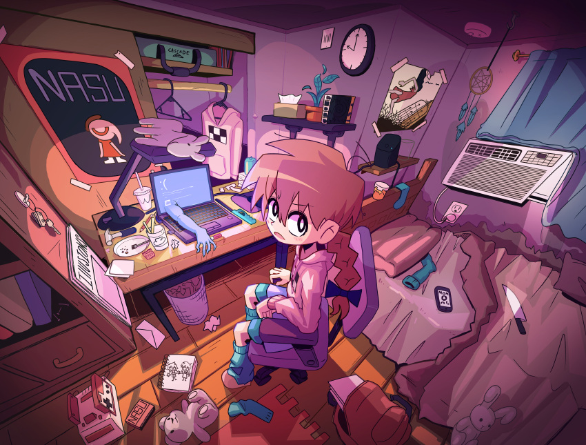 1girl absurdres analog_clock backpack bag bed braid brown_hair clock computer electrical_outlet famicom game_console highres hood hoodie indoors knife laptop long_hair looking_at_viewer low_twin_braids madotsuki open_mouth plant poster_(object) potted_plant red_hoodie saghaley sitting solo swivel_chair twin_braids yume_nikki