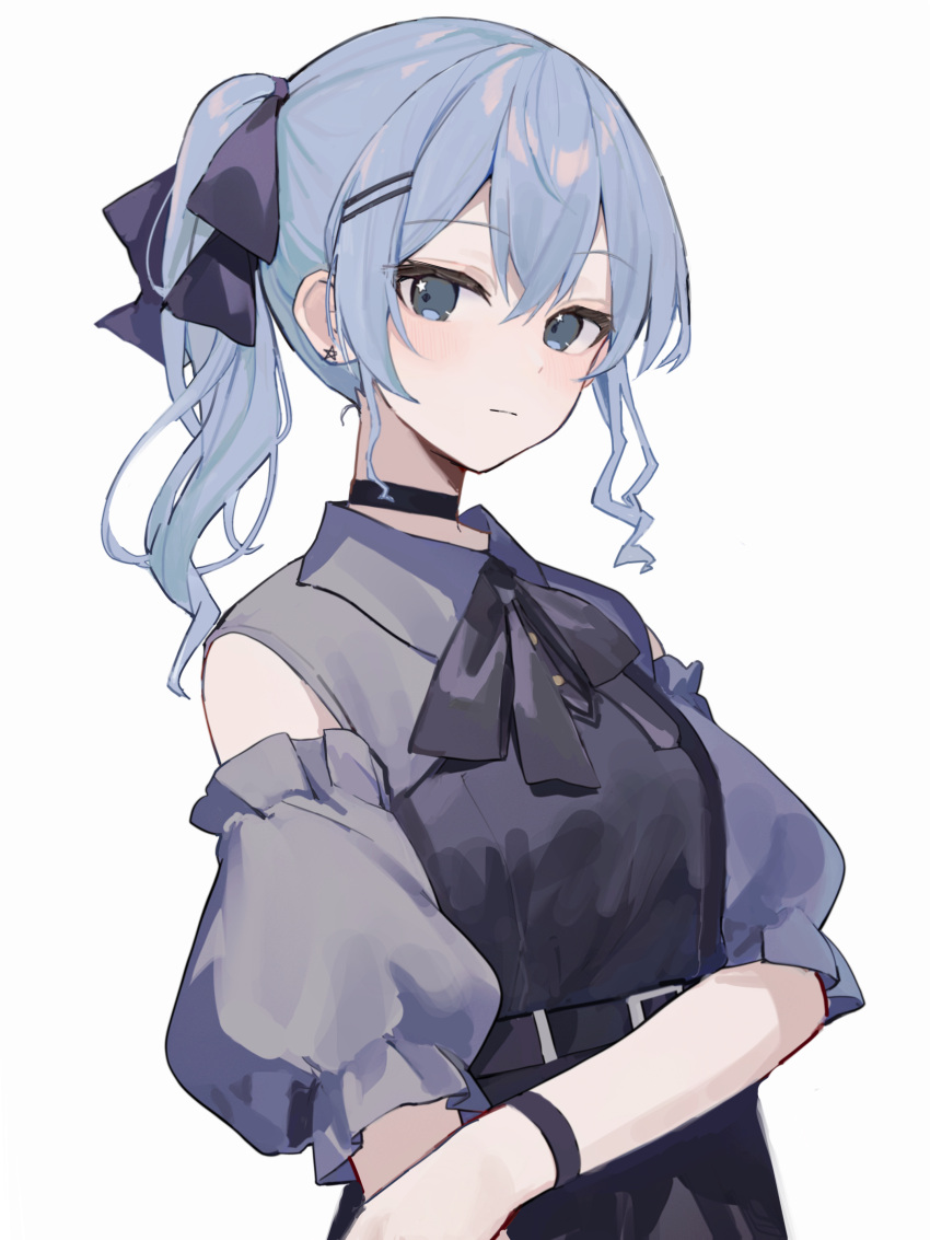 1girl absurdres alternate_costume belt black_belt black_bow black_bowtie black_choker blue_eyes blue_hair bow bowtie choker commentary earrings hair_between_eyes hair_bow hair_ornament hand_out_of_frame highres hololive hoshimachi_suisei jewelry karyln long_hair looking_at_viewer puffy_sleeves shirt short_sleeves side_ponytail simple_background sleeveless sleeveless_shirt solo star_(symbol) star_in_eye symbol_in_eye upper_body virtual_youtuber white_background