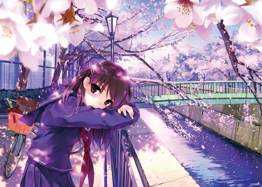 1girl absurdres against_railing bag basket bicycle bicycle_basket black_eyes bridge building cherry_blossoms closed_mouth flower from_side hair_ornament hairclip highres lamppost leaning_forward long_sleeves looking_at_viewer medium_hair misaki_kurehito neckerchief original outdoors petals pleated_skirt purple_hair railing red_neckerchief river school_bag school_uniform serafuku skirt sky smile solo tree water