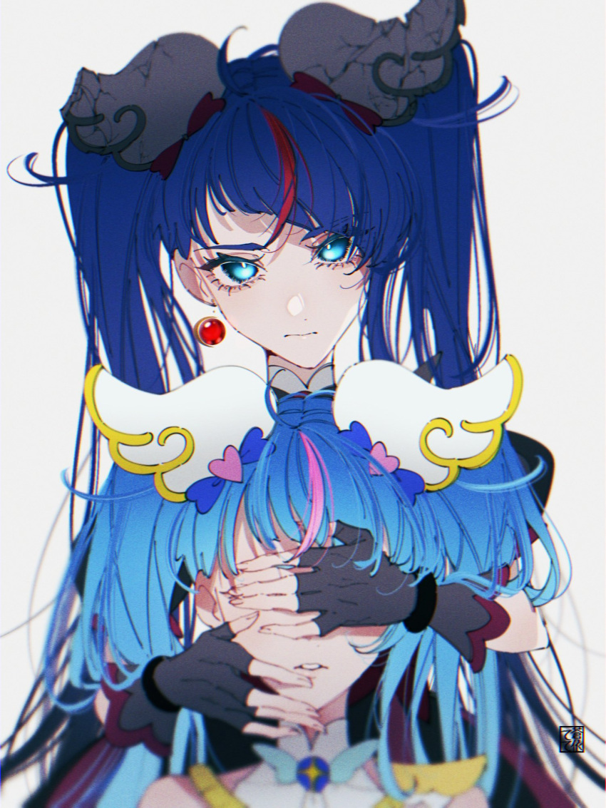 2girls aoi_tete artist_logo blue_eyes blue_hair blurry brooch closed_mouth corruption covering_another's_eyes cure_sky cut_bangs dark_persona dual_persona earrings fingerless_gloves frown gloves grey_background grey_gloves highres hirogaru_sky!_precure jewelry long_hair looking_at_viewer magical_girl multicolored_hair multiple_girls parted_lips pink_hair precure red_hair simple_background single_earring single_sidelock sora_harewataru streaked_hair twintails two-tone_hair very_long_hair wing_brooch wing_hair_ornament