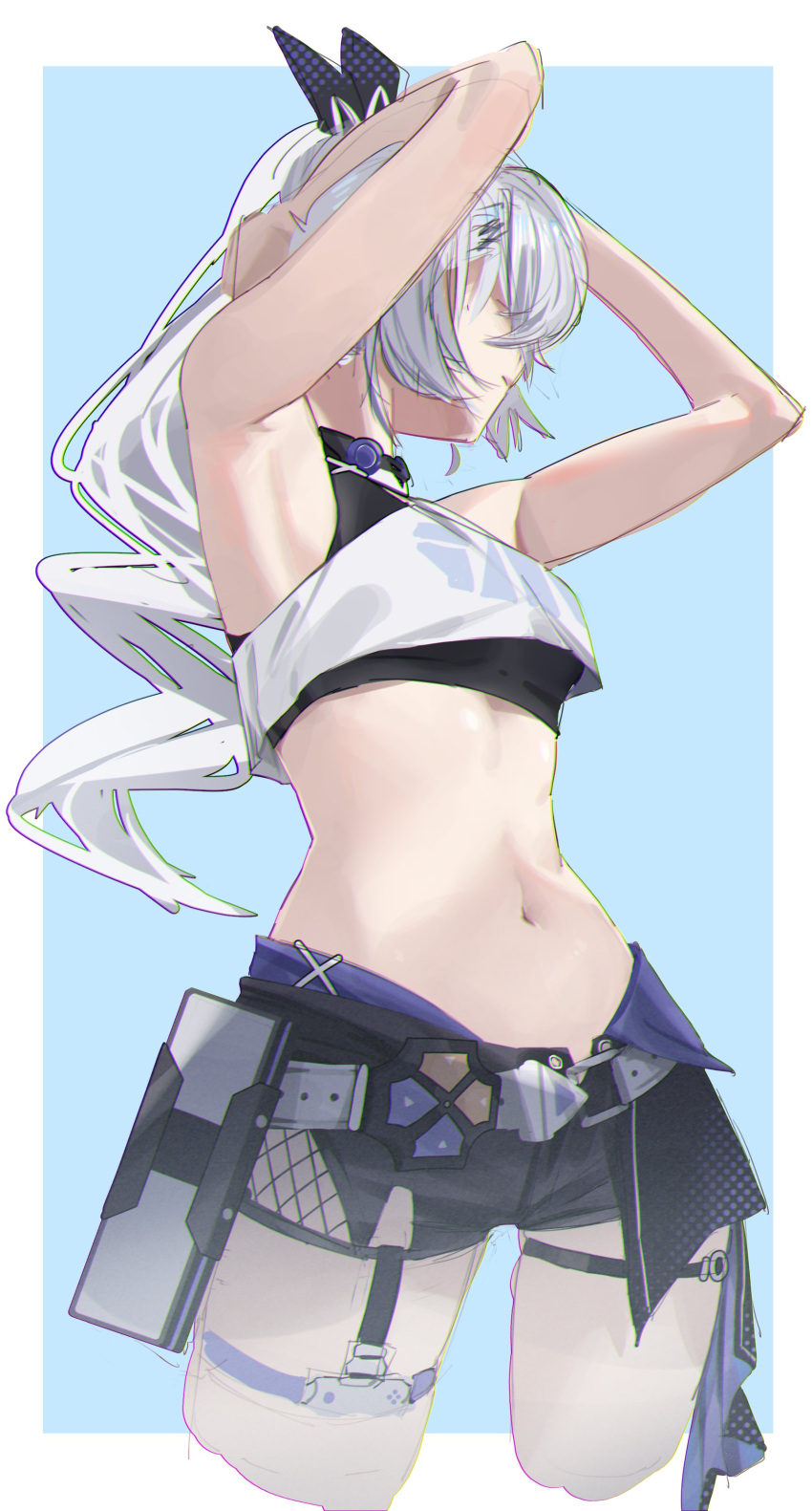 absurdres armpits arms_up bare_arms bare_shoulders black_shorts commentary crop_top cropped_legs highres honkai:_star_rail honkai_(series) jaihu long_hair midriff navel ponytail shirt short_shorts shorts silver_wolf_(honkai:_star_rail) standing stomach very_long_hair white_hair white_shirt