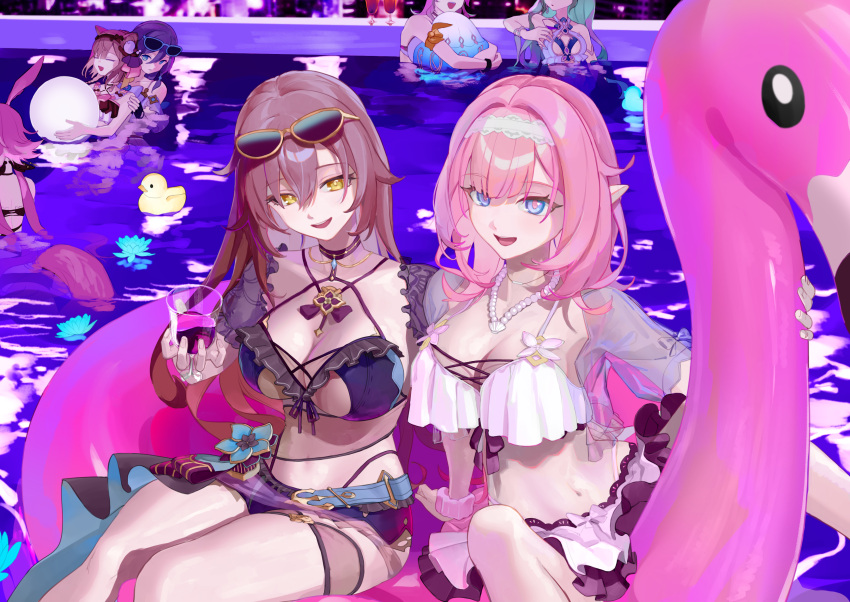 6+girls :d absurdres animal_ears ball beachball bikini black_bikini black_hair blue_eyes blue_hair breasts brown_hair cat_ears cat_girl closed_eyes closed_mouth commentary_request cup drinking_glass eden_(honkai_impact) elf elysia_(honkai_impact) elysia_(miss_pink_elf)_(honkai_impact) eyewear_on_head fox_ears frilled_bikini frills fu_hua fu_hua_(shadow_knight) green_eyes headband highres holding holding_cup honkai_(series) honkai_impact_3rd innertube looking_at_viewer mobius_(honkai_impact) multiple_girls open_mouth pardofelis_(honkai_impact) pink_hair pointy_ears pool poolside purple_eyes roena rubber_duck sakura_(honkai_impact) smile sunglasses swim_ring swimsuit vill-v water white_bikini wine_glass yae_sakura yae_sakura_(goushinnso_memento) yellow_eyes