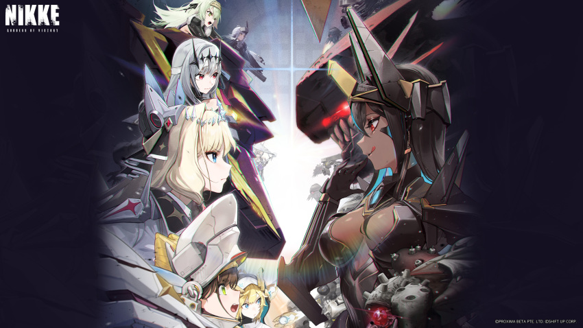 6+girls absurdres ahoge artist_request blonde_hair blue_eyes brown_eyes brown_hair chatterbox_(nikke) chime_(nikke) closed_mouth crown_(nikke) dark-skinned_female dark_skin frown goddess_of_victory:_nikke green_eyes green_hair gun helmet highres holding holding_gun holding_weapon indivilia_(nikke) kilo_(nikke) looking_at_another multiple_girls official_art open_mouth purple_eyes rapture_(nikke) rapunzel_(nikke) red_eyes robot second-party_source snow_white_(nikke) talos_(nikke) weapon white_hair yellow_eyes