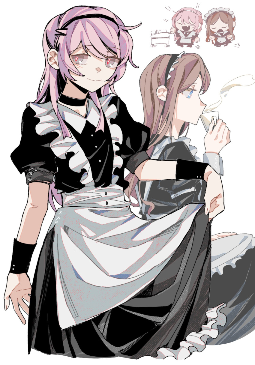 2girls alternate_costume apron bang_dream! bang_dream!_it's_mygo!!!!! black_choker black_dress black_hairband black_wrist_cuffs blue_eyes brown_hair chihaya_anon choker closed_eyes closed_mouth commission cup dress enmaided fang grey_eyes hairband highres holding holding_cup lanserongjie long_hair looking_at_viewer maid maid_apron maid_headdress multiple_girls nagasaki_soyo open_mouth pink_hair puff_of_air puffy_short_sleeves puffy_sleeves second-party_source short_sleeves sidelocks simple_background skin_fang skirt_hold steam waist_apron white_apron white_background white_wrist_cuffs wrist_cuffs
