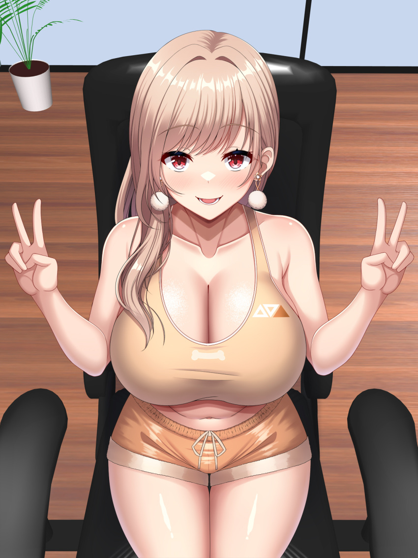 1girl :d bare_shoulders blonde_hair breasts chair cleavage collarbone dolphin_shorts double_v earrings furen_e_lustario hands_up highres huge_breasts jewelry long_hair looking_at_viewer midriff navel nijisanji office_chair open_mouth orange_shorts orange_sports_bra pom_pom_(clothes) pom_pom_earrings red_eyes riki_(power_step) short_shorts shorts sitting smile solo sports_bra stomach swivel_chair thighs v virtual_youtuber wooden_floor