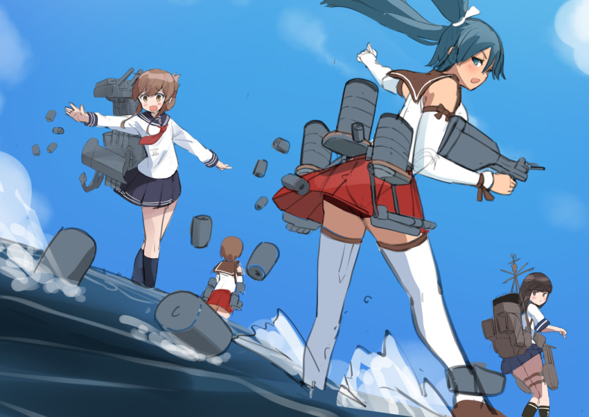 4girls black_sailor_collar black_skirt blue_hair blue_skirt blue_sky cloud day depth_charge gun hatsuyuki_(kancolle) inazuma_(kancolle) isuzu_(kancolle) kantai_collection long_hair machinery multiple_girls natori_(kancolle) neckerchief osananajimi_neko outdoors red_neckerchief red_skirt sailor_collar school_uniform serafuku shirt skirt sky sleeveless sleeveless_shirt thighhighs twintails water weapon white_shirt white_thighhighs