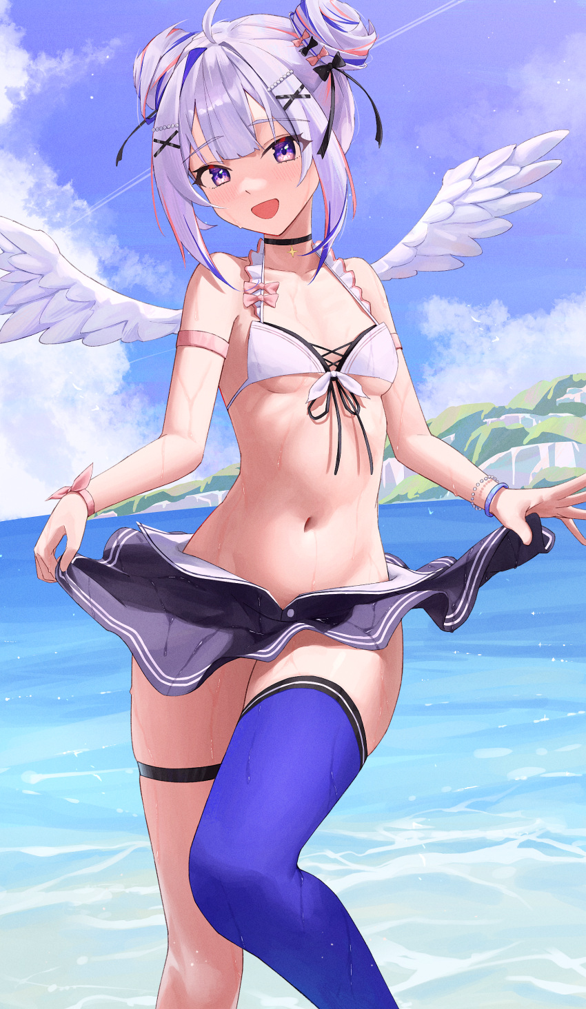 1girl absurdres ahoge alternate_costume alternate_hairstyle amane_kanata angel_wings bare_shoulders bikini bikini_top_only black_choker blue_eyes blue_hair blue_sky blue_thighhighs blush bracelet breasts choker cloud cloudy_sky collarbone commentary_request dark_blue_hair day double_bun feathered_wings hair_bun hair_ornament highres hololive jewelry looking_at_viewer multicolored_hair navel ocean open_mouth orange_hair outdoors single_thighhigh skirt_hold sky small_breasts smile solo stomach streaked_hair swimsuit thigh_strap thighhighs virtual_youtuber wet white_bikini white_wings wings x_hair_ornament zetacat