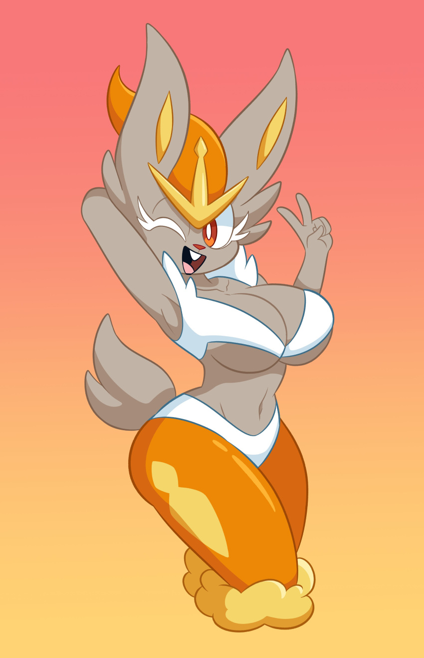 2023 5_fingers absurd_res anthro big_breasts breasts buckteeth digital_drawing_(artwork) digital_media_(artwork) eyelashes female fingers fur gesture goopbloop gradient_background hand_behind_head hand_gesture hi_res looking_aside navel nintendo one_eye_closed open_mouth open_smile orange_eyes pokemon pokemon_(species) portrait shiny_pokemon simple_background smile solo tail teeth thick_thighs three-quarter_portrait under_boob v_sign