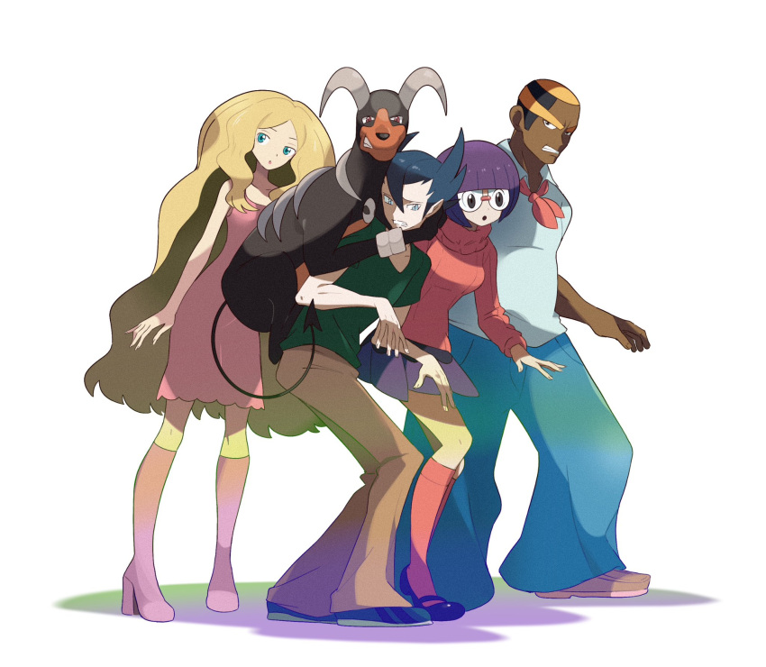 2boys 2girls blonde_hair caitlin_(pokemon) cosplay daphne_ann_blake daphne_ann_blake_(cosplay) dark-skinned_male dark_skin fred_jones fred_jones_(cosplay) full_body glasses grimsley_(pokemon) high_heels highres horns houndoom long_hair marshal_(pokemon) multiple_boys multiple_girls pokemon pokemon_(creature) pokemon_bw purple_hair red_sweater round_eyewear scooby-doo shaggy_rogers shaggy_rogers_(cosplay) shauntal_(pokemon) startboii sweater teeth turtleneck turtleneck_sweater velma_dace_dinkley velma_dace_dinkley_(cosplay) very_long_hair