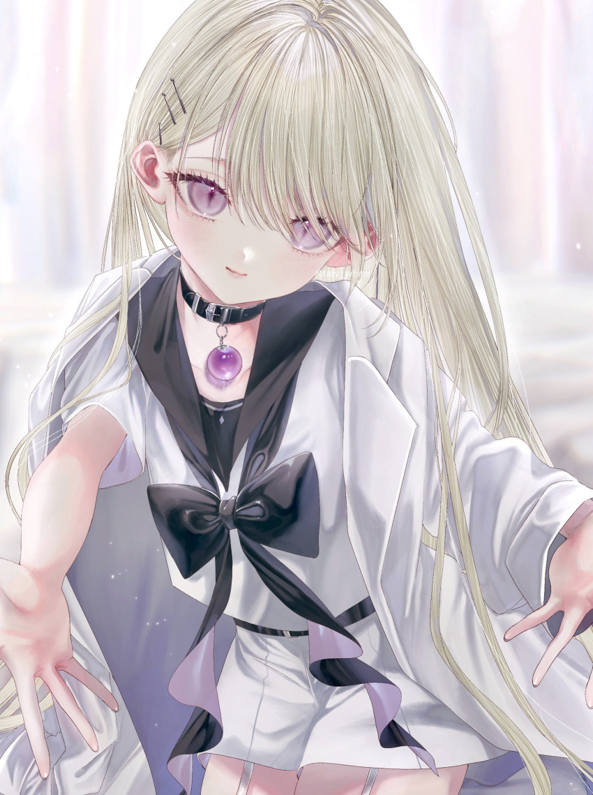 1girl absurdres beckoning black_bow black_collar blonde_hair blush bow coat coat_on_shoulders collar commentary gem hair_ornament hairclip highres long_hair looking_at_viewer msa_(fary_white) original phalaenopsis_(msa_(fary_white)) purple_eyes reaching reaching_towards_viewer sailor_collar smile solo very_long_hair white_coat