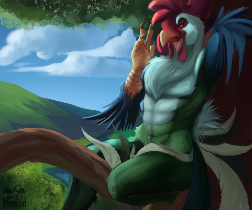 anthro avian beak bird branch chicken eyewear feathers galliform gallus_(genus) glasses green_feathers in_tree male muscular muscular_male nails neck_tuft on_branch open_mouth outside phasianid solo tail_feathers tree tuft wattle yggiiggy