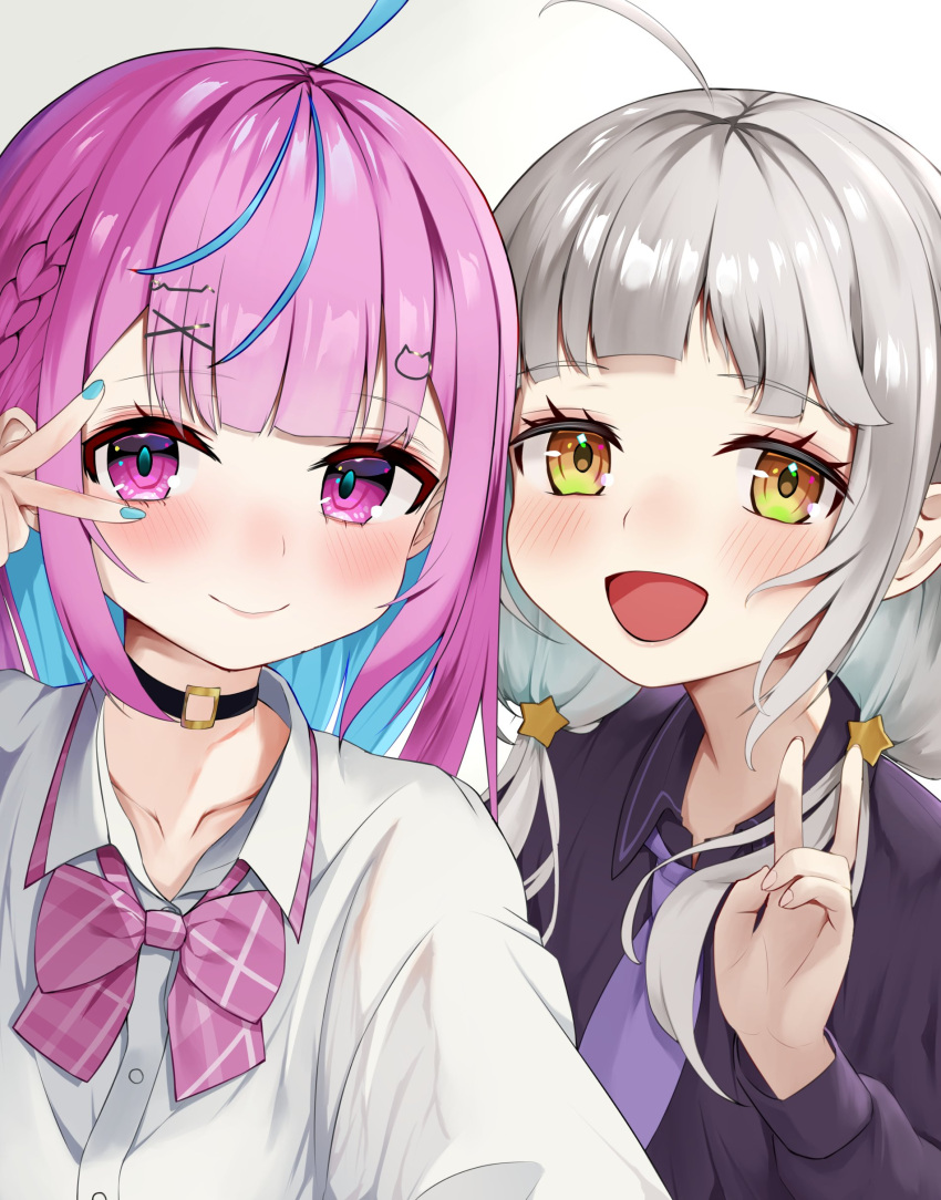 2girls absurdres ahoge black_choker black_shirt blue_hair blue_nails blue_pupils blunt_bangs blush bow bowtie braid cat_hair_ornament choker closed_mouth collared_shirt colored_inner_hair gradient_background grey_background grey_hair hair_ornament hairclip highres hololive kanetsu-shiki_sueki long_hair long_sleeves looking_at_viewer low_twintails minato_aqua minato_aqua_(school_uniform) multicolored_hair multiple_girls murasaki_shion murasaki_shion_(school_uniform) necktie open_mouth plaid plaid_bow plaid_bowtie purple_bow purple_bowtie purple_eyes purple_hair purple_necktie school_uniform shirt smile star_(symbol) star_hair_ornament streaked_hair twintails upper_body v v_over_eye white_background white_hair x_hair_ornament yellow_eyes