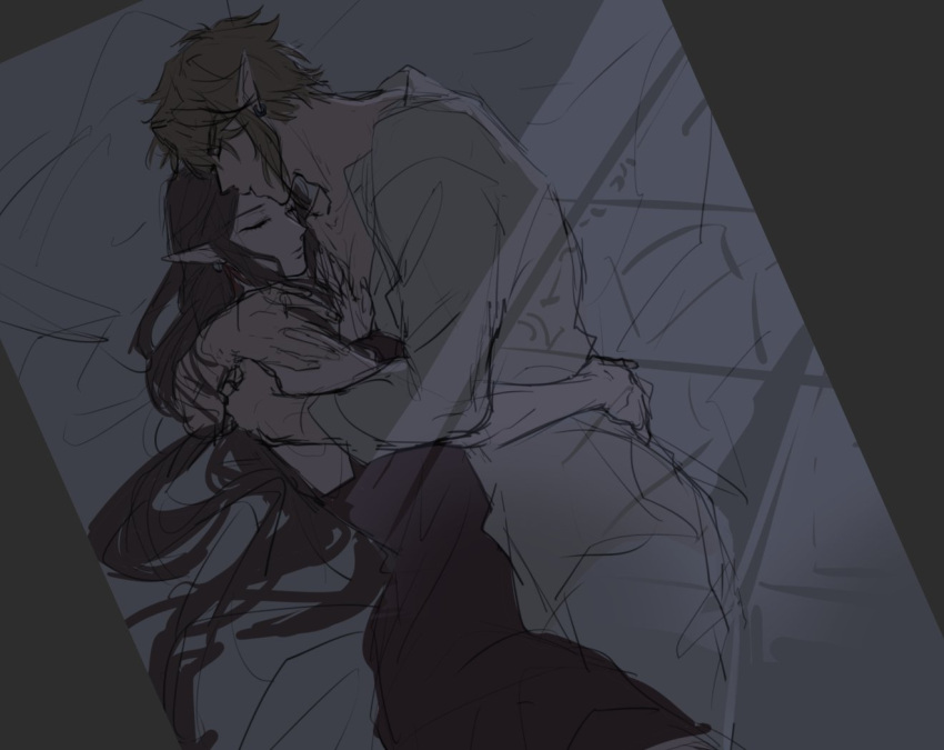 1boy 1girl brown_hair closed_eyes cuddling dark earrings hug jewelry kurokawa_karasu link long_hair lying moonlight on_bed on_side pointy_ears princess_zelda sketch sleeping the_legend_of_zelda the_legend_of_zelda:_twilight_princess