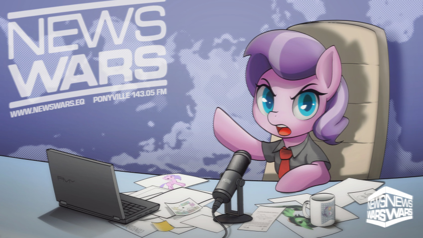 1girl absurdres alternate_costume bestfilly black_shirt blue_eyes brand_name_imitation collared_shirt computer cup diamond_tiara english_text highres info_wars laptop logo looking_at_viewer microphone mug my_little_pony necktie news open_mouth paper pink_fur pony_(animal) purple_hair red_necktie shirt short_sleeves solo teeth upper_body upper_teeth_only web_address