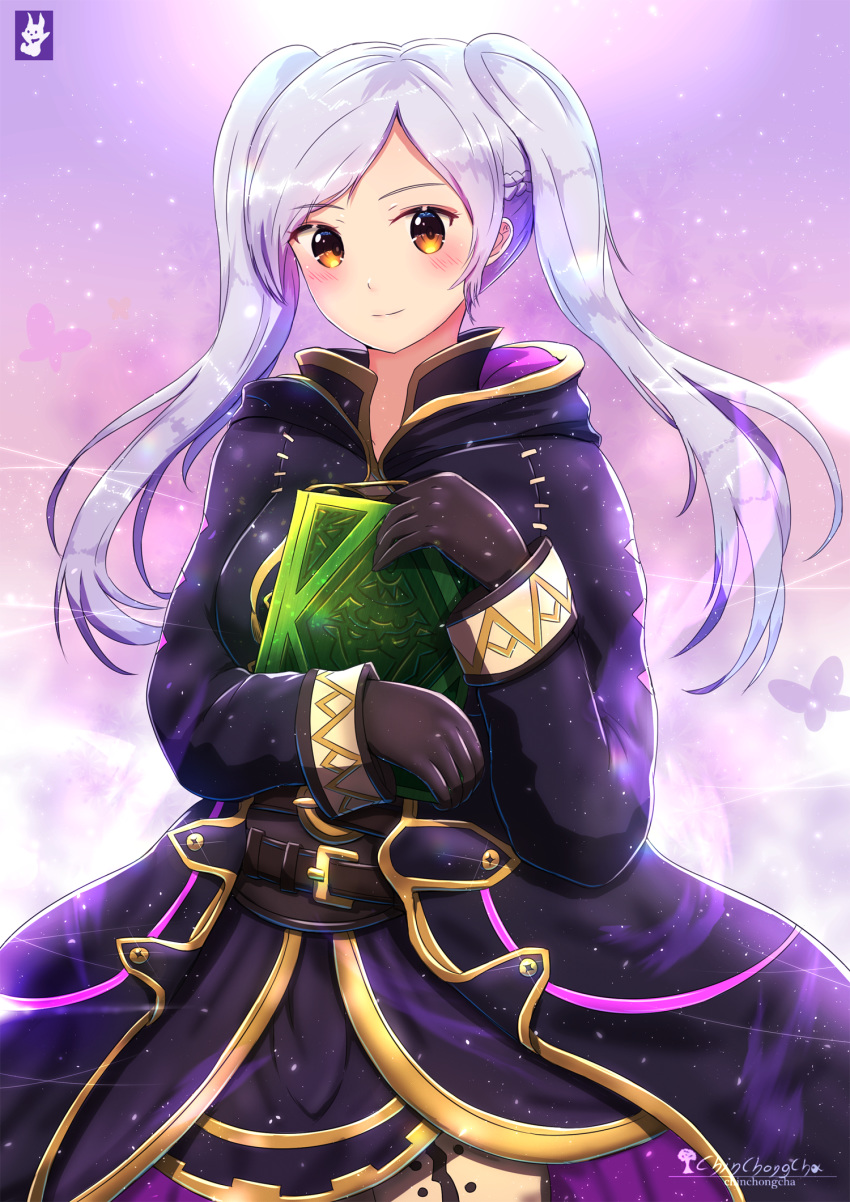 artist_logo artist_name asymmetrical_bangs bangs belt black_gloves blush book breasts bug butterfly chinchongcha cloak cowboy_shot eyebrows_visible_through_hair female_my_unit_(fire_emblem:_kakusei) fire_emblem fire_emblem:_kakusei gloves highres insect light_particles long_hair long_sleeves looking_at_viewer medium_breasts my_unit_(fire_emblem:_kakusei) orange_eyes parted_bangs robe silver_hair smile twintails