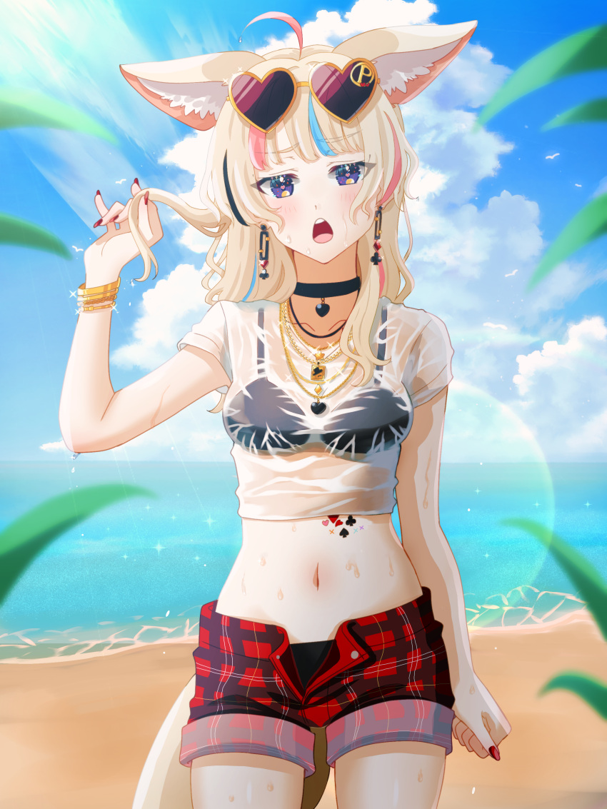 1girl absurdres ahoge animal_ear_fluff animal_ears arm_at_side beach black_choker black_hair blonde_hair blue_hair blue_sky blush bracelet choker cloud cloudy_sky commentary_request cowboy_shot cropped_shirt day earrings eyewear_on_head fox_ears fox_girl fox_tail glasses hand_up heart heart-shaped_eyewear heart-shaped_pupils heart_choker highres hololive jewelry kai_otk lens_flare long_hair looking_at_viewer midriff multicolored_hair multiple_bracelets multiple_necklaces nail_polish navel official_alternate_costume official_alternate_hairstyle omaru_polka omaru_polka_(5th_costume) opaque_glasses open_mouth outdoors pink_hair plaid plaid_shorts playing_with_own_hair red-tinted_eyewear red_nails red_shorts see-through see-through_shirt shirt shore short_sleeves shorts sky solo standing straight-on streaked_hair sunglasses symbol-shaped_pupils t-shirt tail tinted_eyewear virtual_youtuber water wet wet_clothes white_shirt