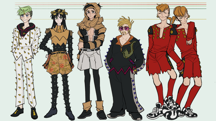 6+boys a._phex_brothers absurdres ball black_hair blonde_hair brothers dainenjiyama_aisho damo_tamaki green_hair height_chart higashikata_jobin highres jojo_no_kimyou_na_bouken jojolion male_focus multiple_boys orange_hair pectoral_cleavage pectorals siblings simple_background soccer_ball swampland yagiyama_yotsuyu