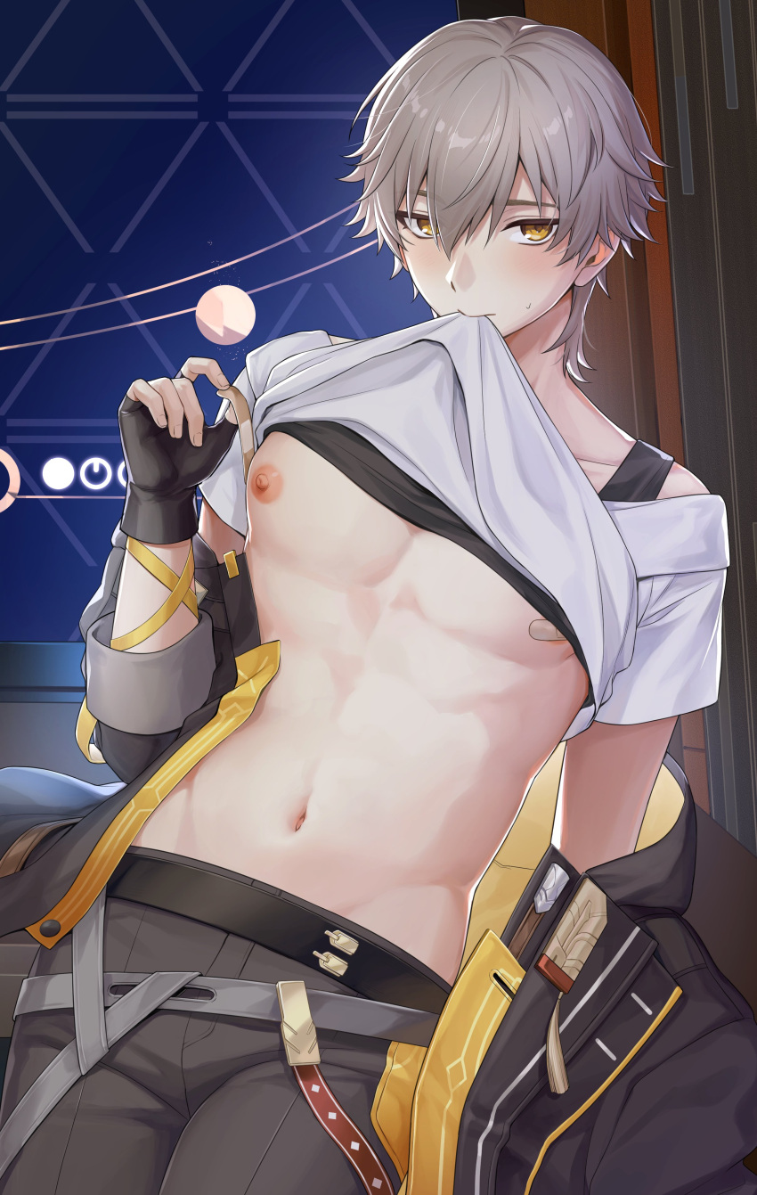 1boy absurdres bandaid bandaids_on_nipples black_gloves black_jacket blush brown_pants caelus_(honkai:_star_rail) closed_mouth clothes_lift gloves grey_hair hati_str highres honkai:_star_rail honkai_(series) jacket male_focus navel nipples open_clothes open_shirt pants pasties shirt shirt_lift short_hair stomach trailblazer_(honkai:_star_rail) white_shirt yellow_eyes