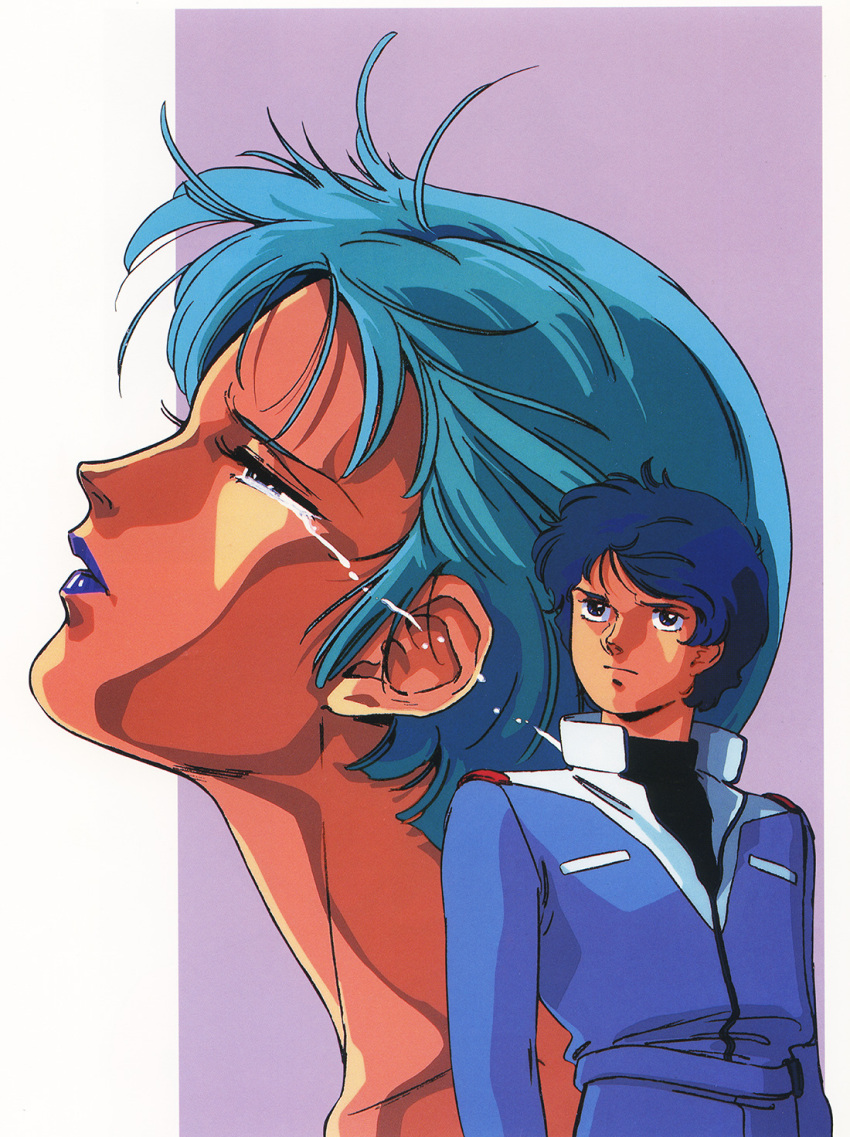 1980s_(style) 1boy 1girl aqua_hair blue_eyes blue_hair couple four_murasame gundam highres jacket jumpsuit kamille_bidan key_visual official_art onda_naoyuki production_art promotional_art purple_lips retro_artstyle sad scan science_fiction tears traditional_media zeta_gundam