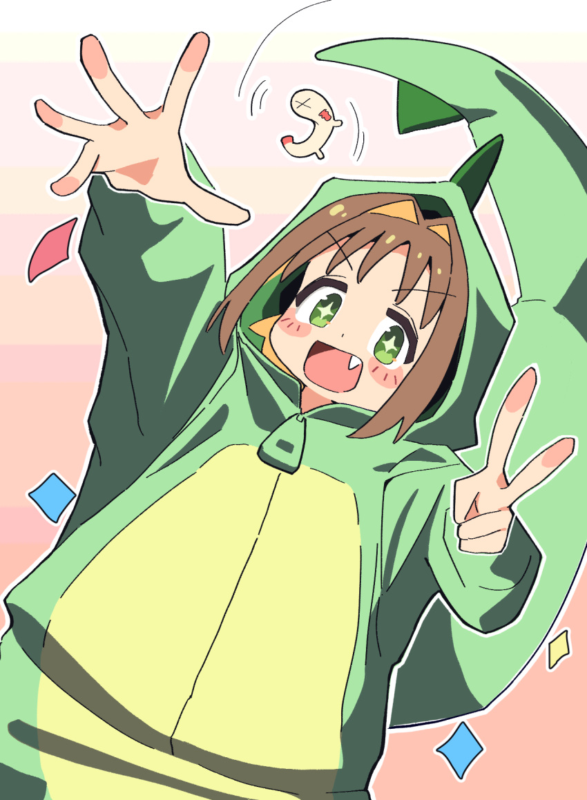 +_+ 1girl :d blush_stickers brown_hair commentary confetti cosplay cowboy_shot dinosaur_costume dinosaur_tail dutch_angle fang green_eyes hair_intakes hand_up highres hood hood_up kigurumi long_sleeves looking_at_viewer medium_hair noyama_takenoko oka_asahi onii-chan_wa_oshimai! open_mouth outstretched_arm outstretched_hand simple_background smile solo tail v v-shaped_eyebrows zipper