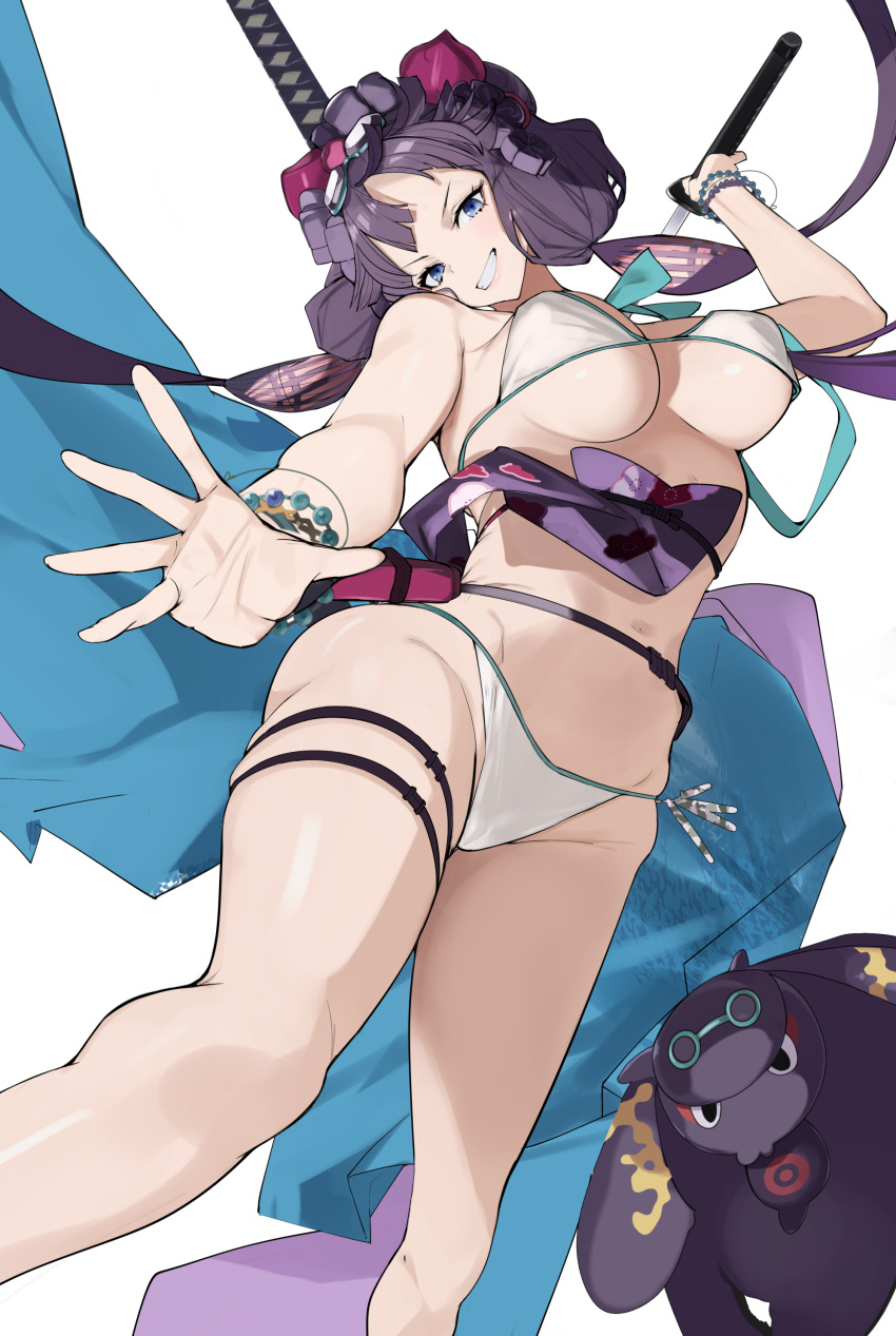 1girl absurdres bare_shoulders bikini blue_eyes breasts cleavage fate/grand_order fate_(series) hareno_chiame highres katana katsushika_hokusai_(fate) katsushika_hokusai_(swimsuit_saber)_(fate) large_breasts long_hair looking_at_viewer navel octopus purple_hair smile swimsuit sword thighs tokitarou_(fate) weapon white_bikini