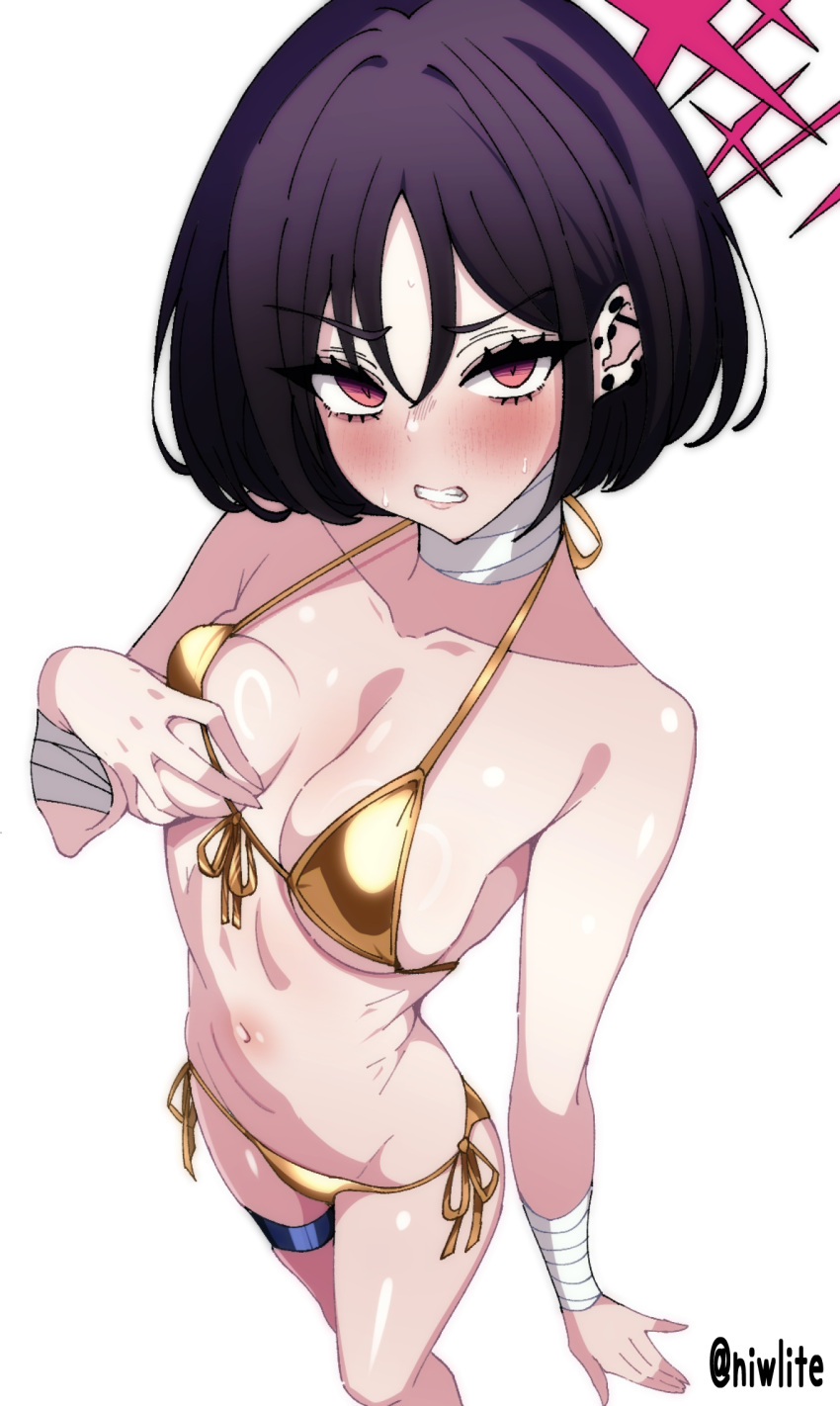 1girl bandaged_arm bandages bikini black_hair blue_archive breasts ear_piercing eyelashes gold_bikini hair_between_eyes halo highres medium_breasts micro_bikini misaki_(blue_archive) navel niwlite piercing red_eyes short_hair side-tie_bikini_bottom simple_background swimsuit white_background