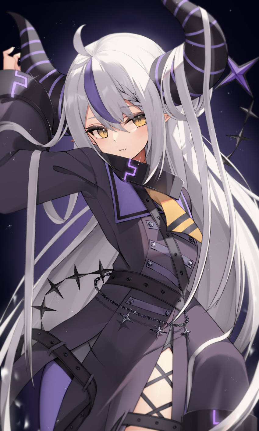 1girl ahoge braid braided_bangs coat coat_dress demon_horns grey_hair hair_between_eyes highres hololive horns la+_darknesss la+_darknesss_(1st_costume) long_hair long_sleeves looking_at_viewer multicolored_hair pantyhose pointy_ears purple_coat purple_hair purple_pantyhose sidelocks single_leg_pantyhose sleeves_past_fingers sleeves_past_wrists smile solo streaked_hair striped_horns thomas_8000 very_long_hair virtual_youtuber yellow_eyes