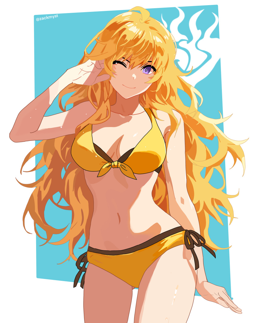 1girl ;) absurdres ahoge bikini blonde_hair breasts closed_mouth collarbone cowboy_shot front-tie_top highres large_breasts long_hair looking_at_viewer navel one_eye_closed purple_eyes rwby smile solo standing stomach swimsuit very_long_hair wavy_hair yang_xiao_long yellow_bikini zackmyst