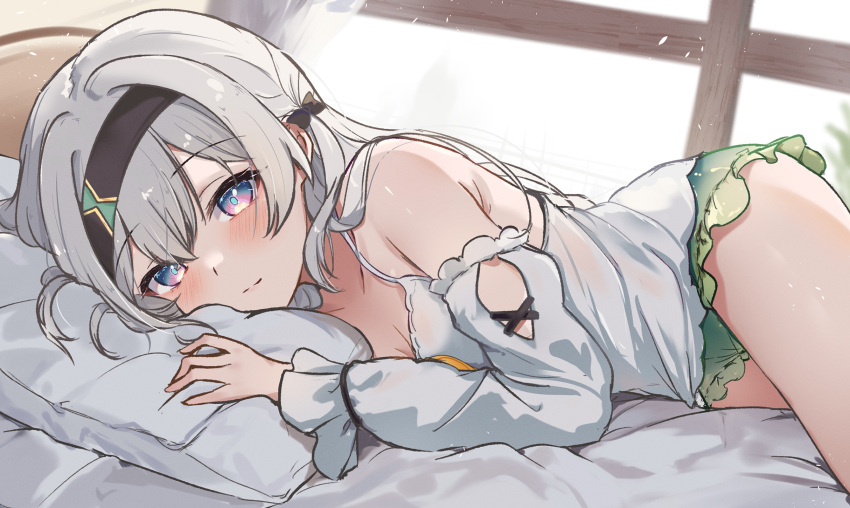 1girl bare_legs bare_shoulders bed bed_sheet black_bow black_hairband blush bow breasts cleavage closed_mouth collarbone double-parted_bangs firefly_(honkai:_star_rail) frilled_panties frilled_shorts frills green_shorts grey_hair hair_between_eyes hair_bow hair_ribbon hairband highres honkai:_star_rail honkai_(series) indoors long_eyelashes long_hair looking_at_viewer lying multicolored_eyes negligee on_bed on_side pajamas panties pillow ribbon shirt short_shorts shorts smile solo sunlight tabitsuki thighs underwear white_shirt window