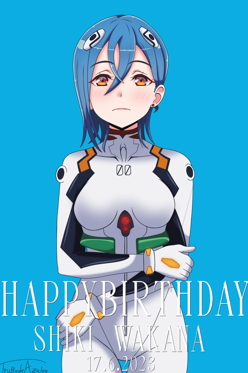 1girl absurdres artist_name ayanami_rei ayanami_rei_(cosplay) blue_background blue_hair bodysuit breasts character_name closed_mouth commentary cosplay dated english_commentary english_text frown hair_between_eyes happy_birthday highres looking_at_viewer love_live! love_live!_superstar!! medium_breasts neon_genesis_evangelion orange_eyes short_hair solo standing truffadeazalea upper_body wakana_shiki white_bodysuit