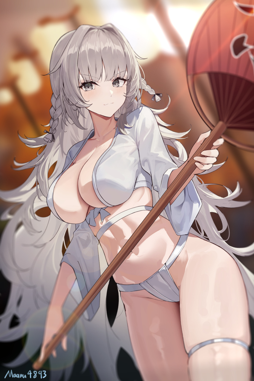 1girl absurdres alternate_costume artist_name azur_lane black_eyes blurry blurry_background braid breasts cleavage closed_mouth commentary_request commission cropped_shirt depth_of_field fundoshi grey_hair hand_fan highres holding holding_staff japanese_clothes large_breasts light_blush long_hair long_sleeves looking_at_viewer maanu midriff paper_fan pixiv_commission shiny_skin shirt skindentation smile solo staff stomach thick_thighs thigh_strap thighs twin_braids uchiwa upper_body very_long_hair vittorio_veneto_(azur_lane) white_shirt