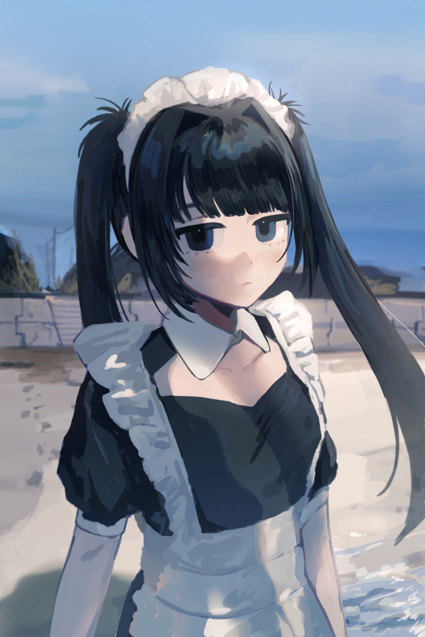 1girl apron arms_at_sides black_eyes black_hair black_shirt blue_sky blunt_bangs cleavage_cutout closed_mouth clothing_cutout collarbone collared_shirt cowboy_shot day dot_nose expressionless frilled_apron frills hair_intakes highres inu_dakisime long_hair looking_at_viewer maid maid_headdress original outdoors puffy_short_sleeves puffy_sleeves shadow shirt short_sleeves sky solo twintails very_long_hair white_apron