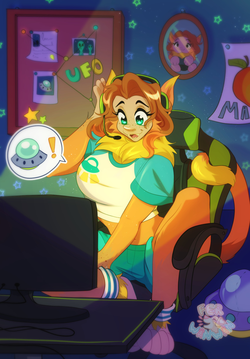 2023 alien anthro big_breasts breasts clothed clothing computer electronics female ferwanwan fur gaming_chair haplorhine happy headgear headphones headset hi_res mammal mango monkey open_mouth open_smile orange_body orange_fur plushie primate sitting smile solo teal_eyes ufo watermark