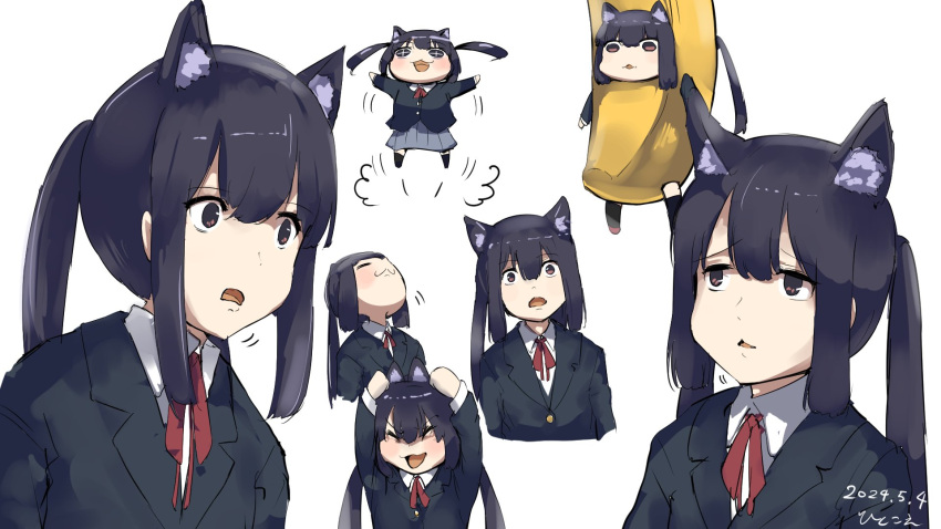 1girl :3 animal_ears banana_costume black_hair black_jacket black_socks blazer brown_eyes cat_ears chibi collared_shirt dated fake_animal_ears grey_skirt highres hitokoe jacket k-on! long_hair long_sleeves multiple_views nakano_azusa neck_ribbon open_mouth red_ribbon ribbon sakuragaoka_high_school_uniform school_uniform shirt simple_background skirt socks twintails white_background white_shirt winter_uniform