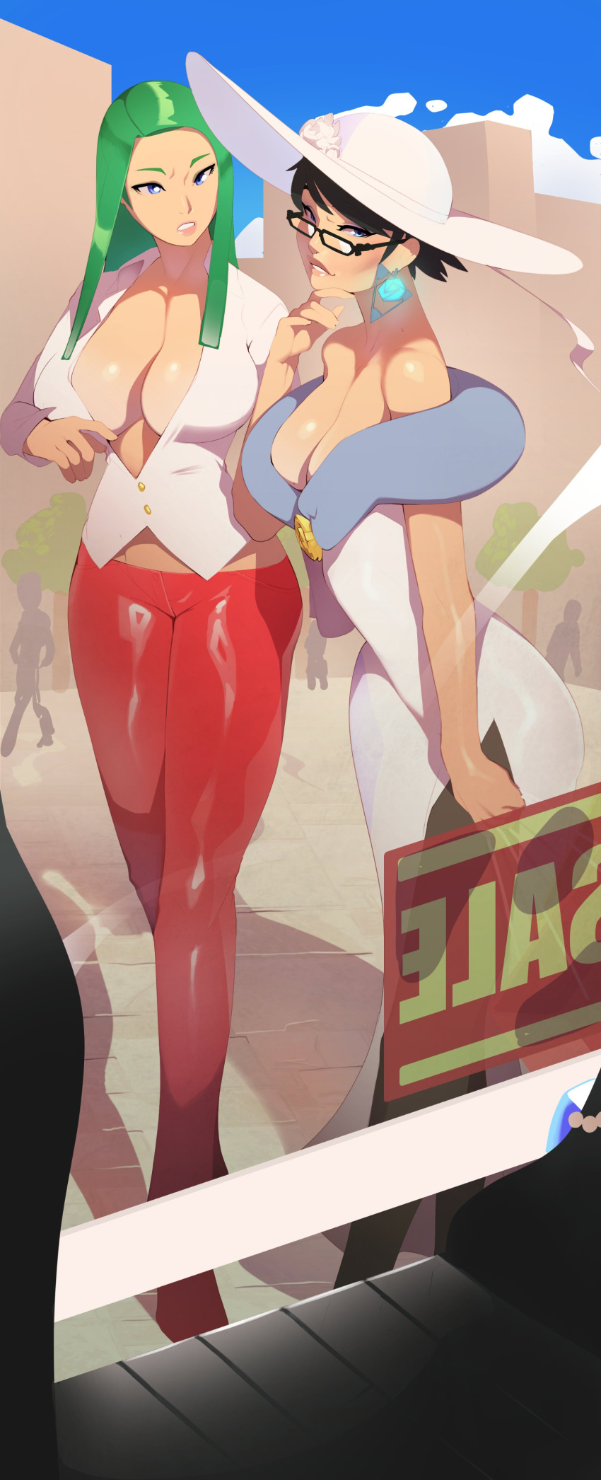 2girls absurdres alternate_costume bare_shoulders bayonetta bayonetta_(series) black-framed_eyewear black_hair blue_eyes breasts cleavage combos_&amp;_doodles curvy day dress earrings glasses green_hair hat highres jewelry large_breasts long_hair looking_at_another looking_at_viewer multiple_girls outdoors pants rectangular_eyewear red_pants revealing_clothes shiny_skin shirt shopping short_hair strapless strapless_dress sun_hat white_dress white_hat white_shirt