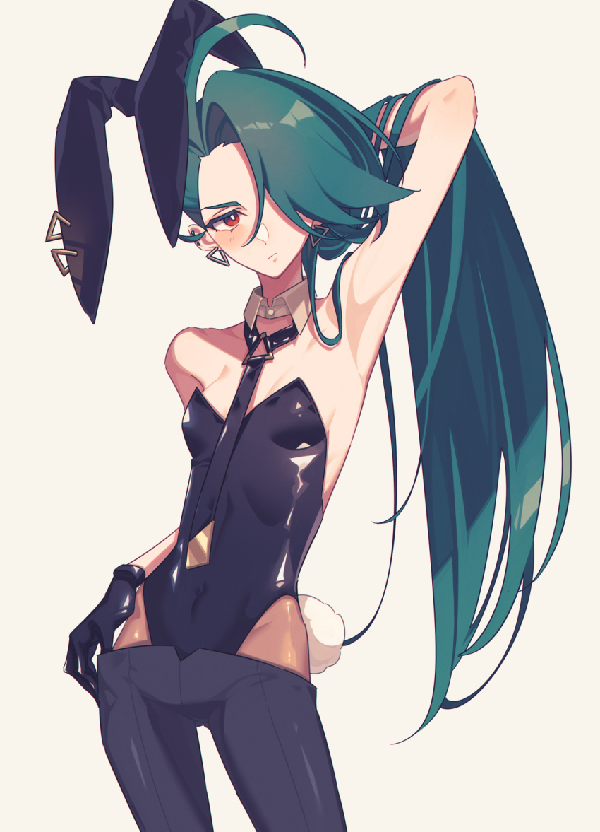 1girl animal_ears arm_up armpits black_gloves black_leotard black_pants blush breasts closed_mouth earrings fake_animal_ears fake_tail gloves green_hair hair_lift hair_over_one_eye highres jewelry leotard lifted_by_self long_hair looking_at_viewer miri_(cherryjelly) pants playboy_bunny pokemon pokemon_sv rabbit_ears rabbit_tail red_eyes rika_(pokemon) small_breasts solo tail very_long_hair