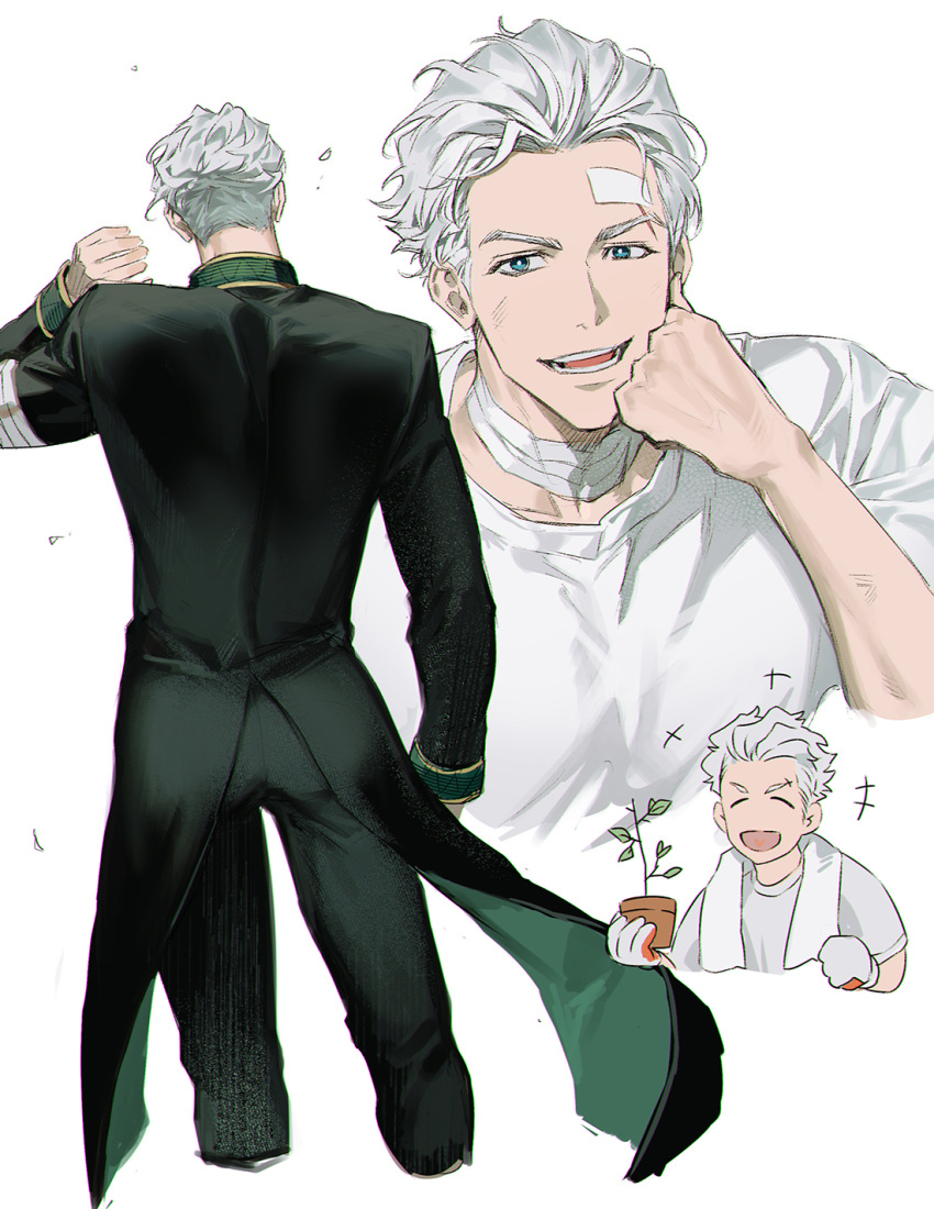 1boy 77ho bandaged_neck bandages from_behind green_jacket highres jacket multiple_views open_mouth plant school_uniform shirt short_hair smile umemiya_hajime white_hair white_shirt wind_breaker_(nii_satoru)