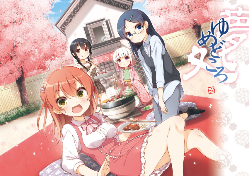 5girls ahoge black_hair blush breasts brown_eyes brown_hair cherry_blossoms chopsticks closed_mouth expressionless eyebrows_visible_through_hair food glasses grey_hair holding holding_chopsticks holding_plate house jingisukan_(food) kneeling long_sleeves looking_at_viewer low_twintails lying medium_breasts medium_hair multiple_girls on_back original parted_lips pink_hair plate purple_eyes seiza semi-rimless_eyewear short_hair short_twintails side_ponytail sitting smile translated twintails under-rim_eyewear white_hair window yume_no_owari