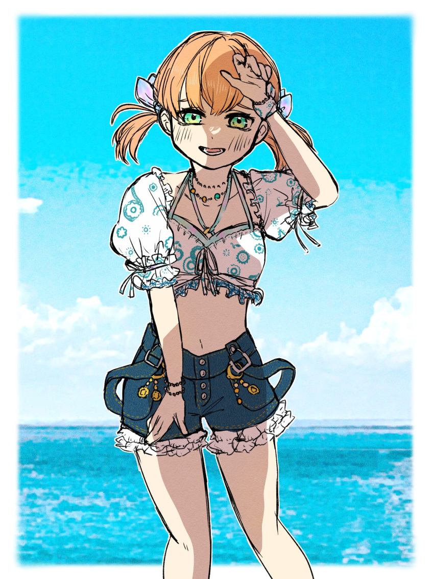 1girl :d aqua_eyes arm_up bikini bikini_top_only blue_bikini blue_shorts blue_sky blush border cloud collarbone commentary crossed_bangs denim denim_shorts feet_out_of_frame floral_print floral_print_shirt frilled_shirt frilled_shorts frills halterneck highres hinoshita_kaho jewelry link!_like!_love_live! looking_at_viewer love_live! low_twintails lower_teeth_only medium_hair natsumeki_pain_(love_live!) navel necklace ocean open_mouth orange_hair outside_border panda_no_gohan puffy_short_sleeves puffy_sleeves shadow shirt short_sleeves shorts sky smile solo stomach swimsuit teeth twintails virtual_youtuber white_border white_shirt